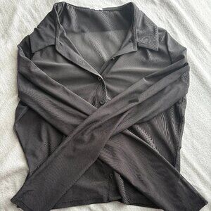Garage Black Collared Mesh Button-Up Long Sleeve